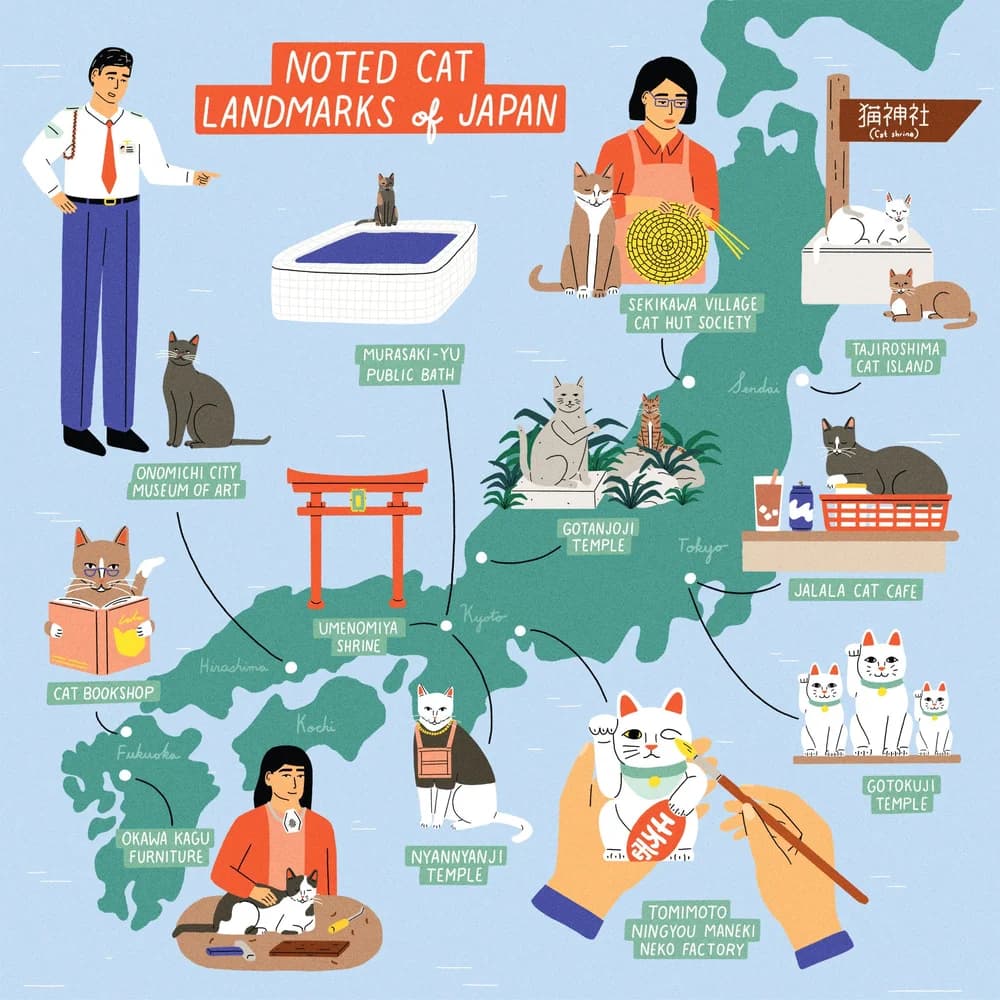 Sunny Eckerle - for Catland - Illustrated map highlighting notable locations across Japan discussed in the book