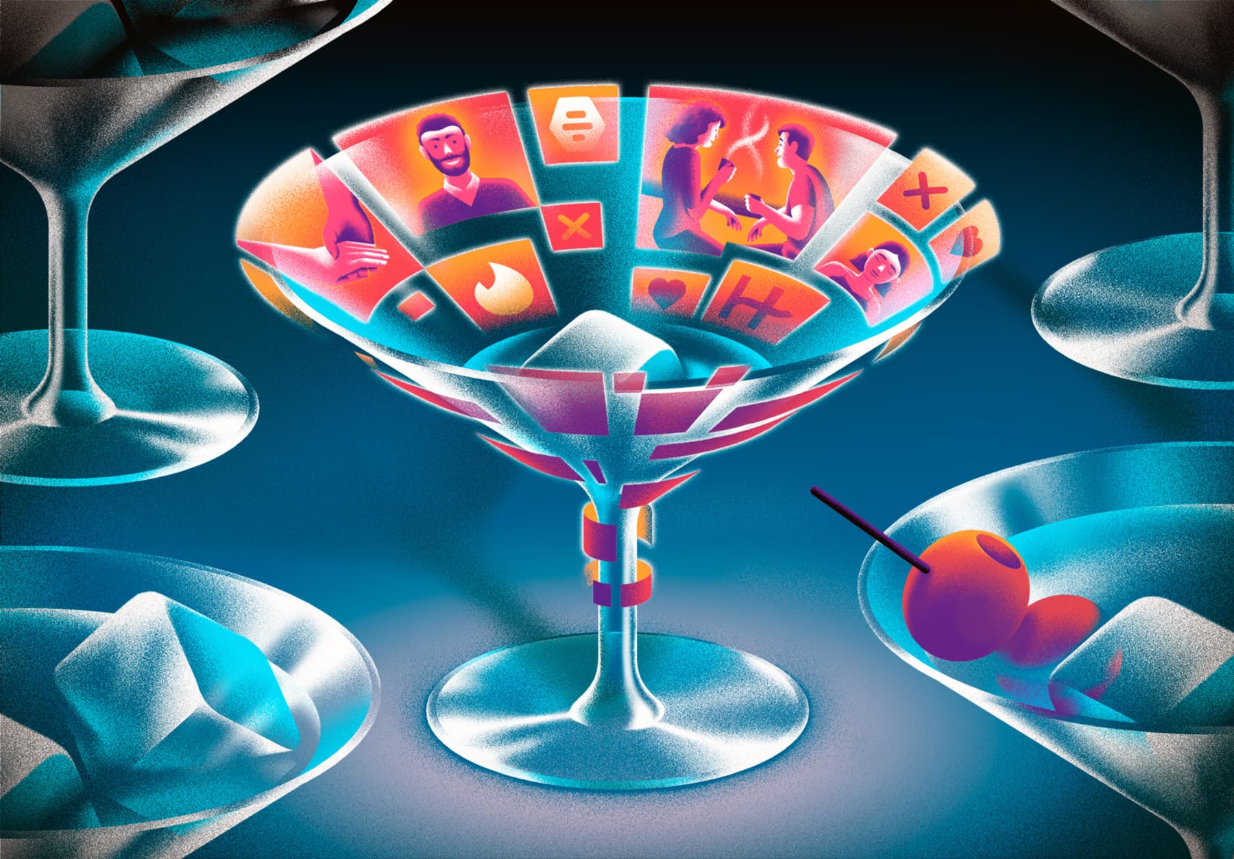 Adrián Astorgano - for Vinepair - Illustration about the chances of meeting people, or potential partners, outside the hospitality industry via dating apps