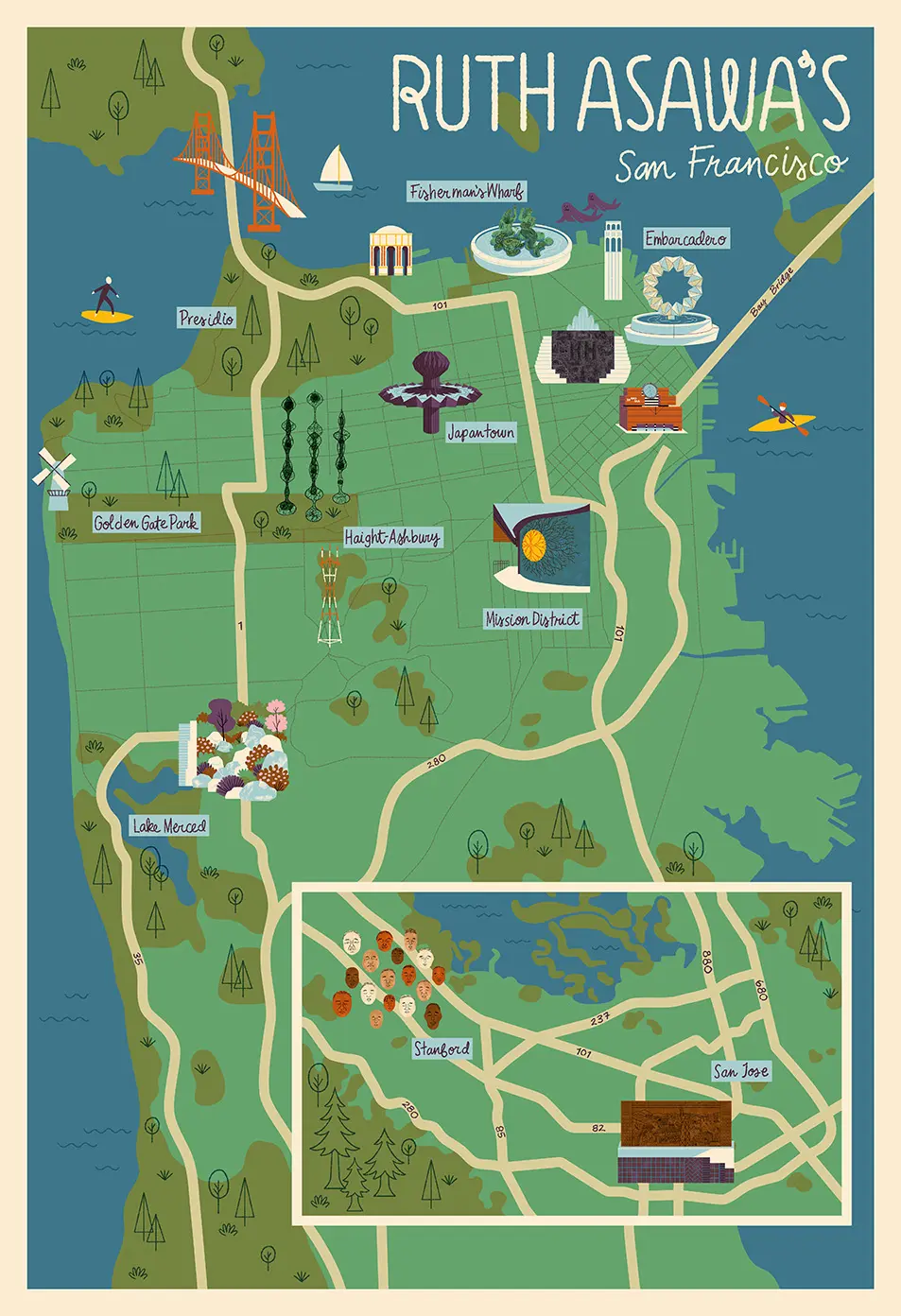 Ellen Surrey - for San Francisco Museum of Modern Art - Map and portrait promoting the exhibition Ruth Asawa: Retrospective